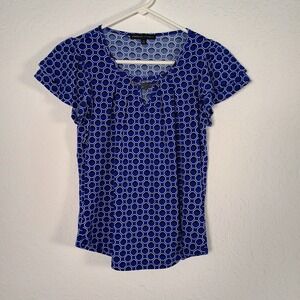 Adrienne Vittadini Petite Small Blue White Geometric Circle Ruffle Blouse Top